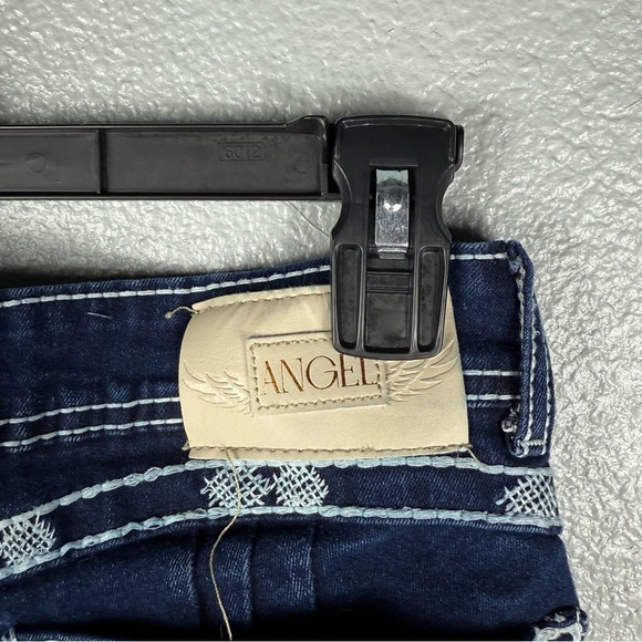 Angel Dark Wash Embroidered Pockets Womens Jeans Zipper Pull On Flare Boot Cut - Picture 9 of 10